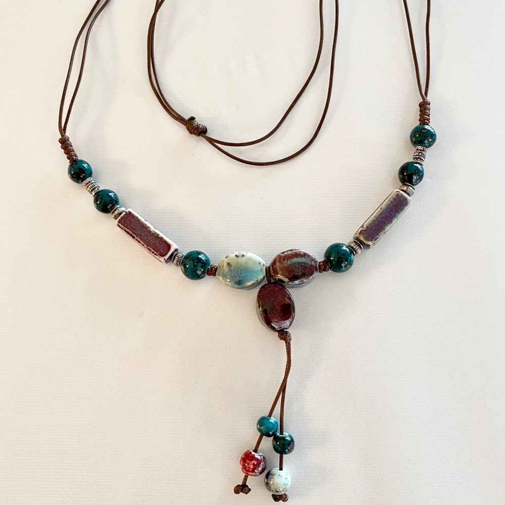 Teal Purple Ceramic Stone Statement Necklace - image 2